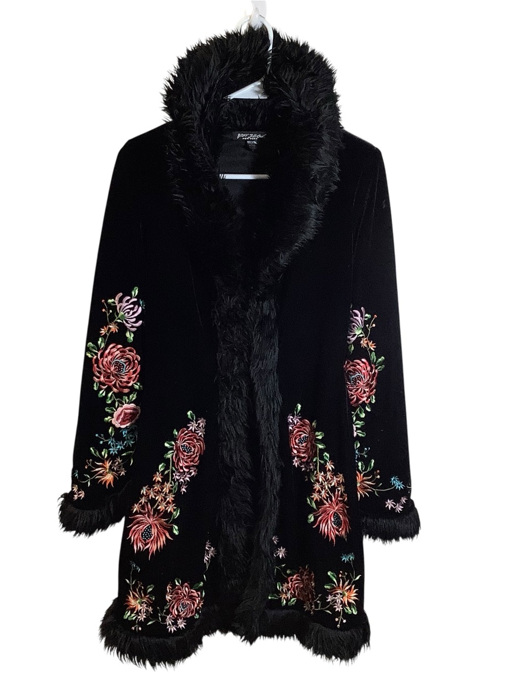 Betsey Johnson 90’s Black Floral Embroidered Velvet Coat w/ Faux-Fur Trim Boho